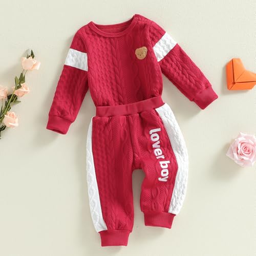 Image of Babieshouse Newborn Baby Boy Clothes Mamas Boy Bear Embroidery Long Sleeve Romper Pants Set Fall Winter Outfits 3-18 Months