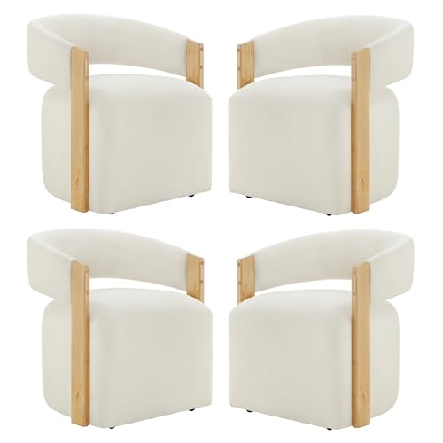 Image of KISLOT Upholstered Dining Chairs Set of 4, Modern Rolling Dining Chairs with Hidden Casters, Wooden Arm Kitchen Chairs with Linen Look Fabric, Padded Barrel Chairs for Dining Room, Kitchen, Linen