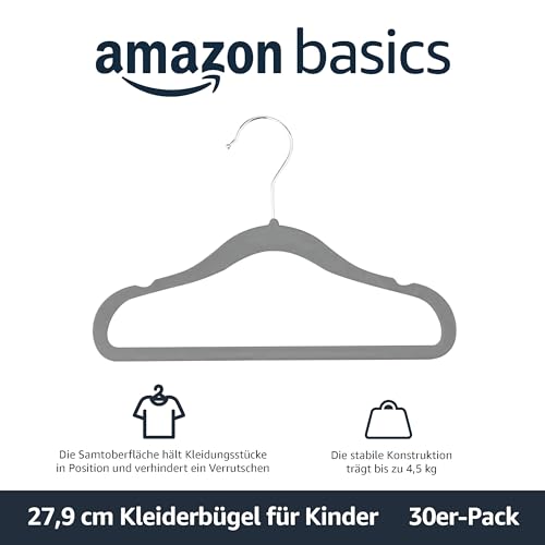 Amazon Basics Kinder-Kleiderbügel aus Samt, Rutschfest (für Babys/Kleinkinder), 29,5cm (für Babykleidung), 30er-Pack, Grau 2