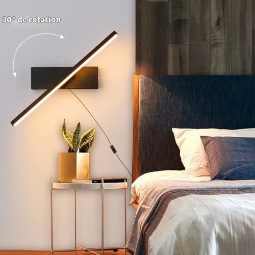 Applique Murale Intérieure LED noire Avec Prise Et Interrupteur, 8W Lampe Murale Dimmable En Métal, Luminaires Orientable 350°. – vue 3