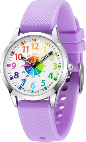 SIMSAM Montre Enfant Garcon, Montre Enfant Fille 4, 5, 6, 7, 8, 9, 10, 11, 12 Ans, Montres Garçons Fille Pédagogique, Analogique - Violet Clair