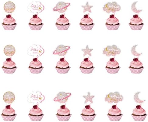 LOSHINE 24 PCS Twinkle Twinkle Little Star Cupcake Toppers for Baby Shower Birthday Party Supplies,Wedding Birthday Party Favors,Boys Girls Gender Reveal Party Decorations (pink)