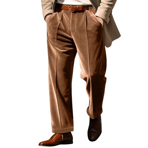 Men's Velvet Dress Pants, Button Waist Straight Leg Baggy Pants Business Casual Fashion Trousers with Pockets Brown