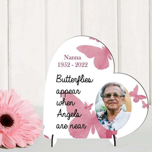 Image of Personalised Memorial Photo Plaque - "Butterflies Appear When Angels Are Near" | Custom Remembrance Plaque for Grandma, Nanna, Mum (Pink, Mdf Wood 8.5cm x 8.5cm)