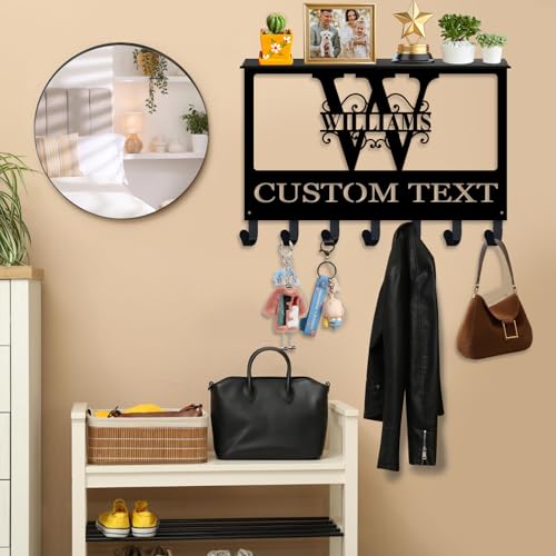 Custom-Split-Monogram-Key-Holder-Wall-Mount-with-Shelf-Home-Gifts-Custom-Name-Mail-Key-Organizer-Metal-Coat-Rack-Waterproof-Rustproof-Entryway-Hallway-Living-Room-Reinforced-Shelf