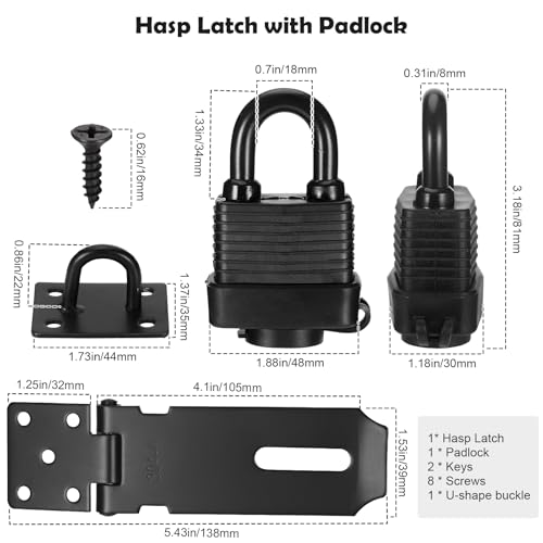 Image of Padlock Latch Lock, 4Inch Stainless Steel Hasp Latch with Padlock Keys Screws, Heavy Duty Black Shed Lock, Waterproof Pad Locks Latches, Gate Locks for Barn Door Cabinet Fence Garage