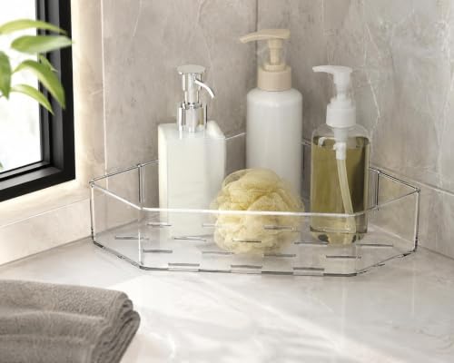 Image of Nieifi KIMEE Acrylic Corner Bathroom Shelf Organizer with Drain Holes - Transparent Triangle Storage Rack for Bathroom Counter, Kitchen Sink & Vanity Essentials, Space Saving Bath Caddy (Pack of 2)