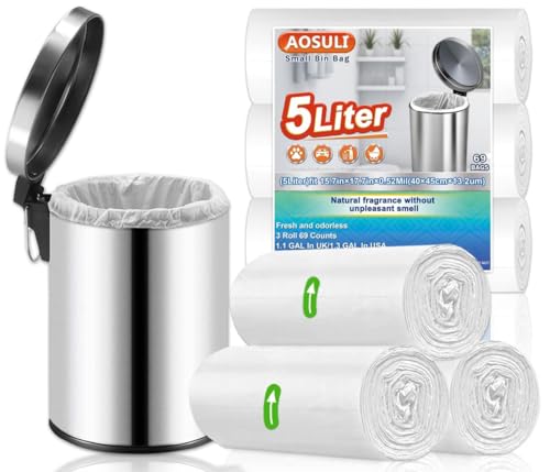 AOSULI 5L Pedal Bin Liners Small Bin Bags for Bathroom White 69 Count