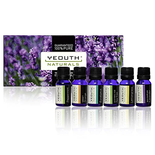 YEOUTH Reine ätherische Öle für Aromatherapie- Bestes 6er-Set - Australisches Teebaumöl, Pfefferminzöl, Eukalyptusöl, Lavendelöl, Süßorangenöl, Zitronengrasöl, Verwendung mit Aroma-Diffusor - 6x 10 ml Cover
