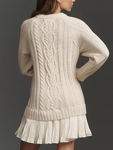Women Crewneck Cable Knit Sweater Mini Dress Soft Cozy Pleated Long Sleeve Fall Casual Patchwork Style Outfit4