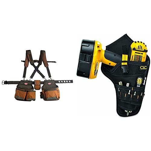 Bucket Boss - Airlift Tool Belt With Suspenders, Tool Belts - Original Series (50100), Brown, 52 Inch & Clc Custom Leathercraft 5023 Deluxe Cordless Poly Drill Holster, Black #TOP12