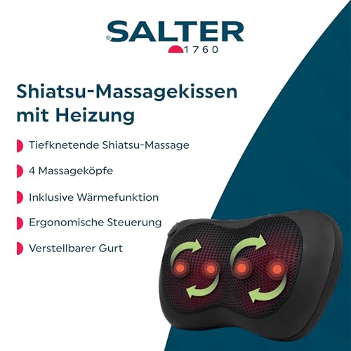 Salter EE6936BLKSTKEU7 Massagekissen mit Heizfunktion, tiefwirkendes Shiatsu, Relaxing Nacken, Schulterrücken, 4 Massageaufsätze, UK/EU-Stecker, Sicherheitstimer, leiser Betrieb, Tiefknethilfe