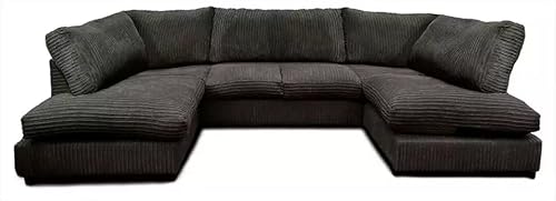 Jumbo Cord U-Shaped Cord Sofa - Large Modular Sofa with Memory Foam Seating & Removable Cushion Covers - Seats 6-7 People - Ideal U-Shape for Living Room (Black, Full Back)