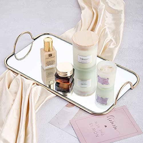 Greehomede Decorative Tray With Handle, Gold Mirror Tray, Vanity Tray Jewelry Perfume Organizer Makeup Tray, Mirror Tray For Vanity, Dresser, Bathroom, Bedroom(13.8'' X 7.9'') #TOP1