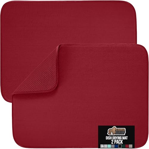 GORILLA GRIP Ultra Water Absorbent Microfiber Dish Drying Mat, 18x24, Quick Dry Thick Mesh, Slip Resistant Pad for Sink Dishes or Under Rack, Kitchen Counter Accessories, Machine Wash, 2 Pack Red