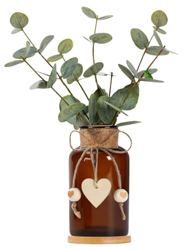 Artificial Eucalyptus Greenery Stems in Amber Glass Vase,15" Doule Side 3D Fake Plants Eucalyptus Leaves faux Greenery for Centerpiece Table Decorations Home Room Decor office Desk Green Decor (Amber)
