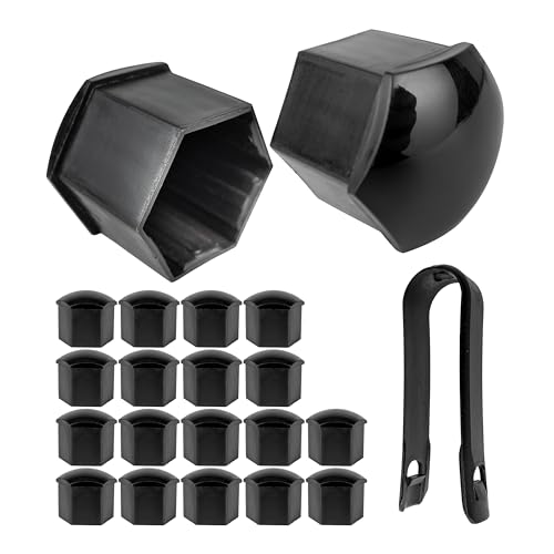 Tapas para tuercas de coche 17 mm, Color Negro, 20 x Tapones para tornillos de rueda con herramienta de desmontaje, Universal, para todas las marcas de coches, Ø 1,7 cm, Tapa de protección tornillo