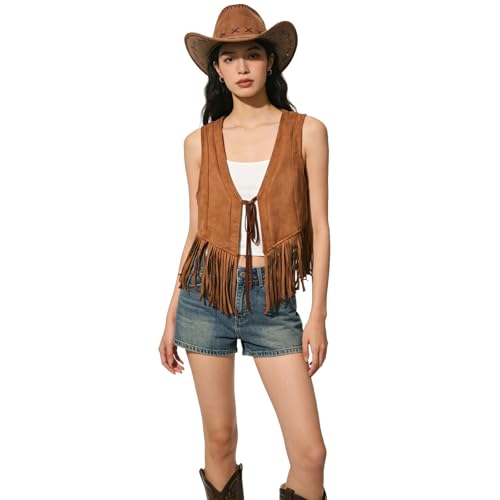 Chaleco de mujer sin mangas marrón, chaqueta corta estilo boho con flecos en talla S para fiesta