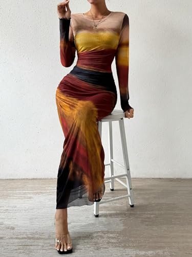Image of MARZXIN Women Long Sleeve Maxi Dress Bodycon Ruched Formal Slim Fit Tie Dye Dress Formal Mesh Dress