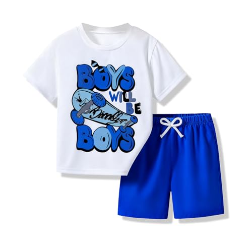 Voxikodex Size 9 10 Years Teen Boys Clothes 2 Piece Letter Print Short Sleeve T-Shirt Tops & Blue Shorts Fashion Kids Boys Summer Clothing Set(9-10Y)