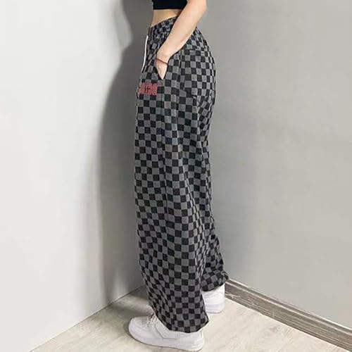 Women's Hiphop Street Dance Pants Elastic Waist Loose Wide-Leg Black/White Checkered RetroJazz Trousers3