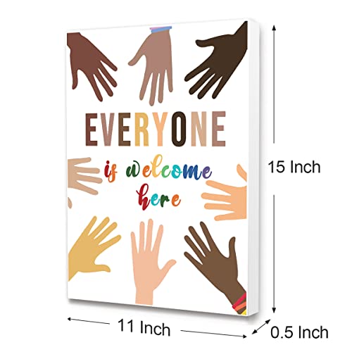 Everyone Is Welcome Here Framed Canvas Wall Art, Multicultural Diversity Wall Decor for School Classroom Daycare, Everyone Is Welcome Here Sign Posters 12x15 In