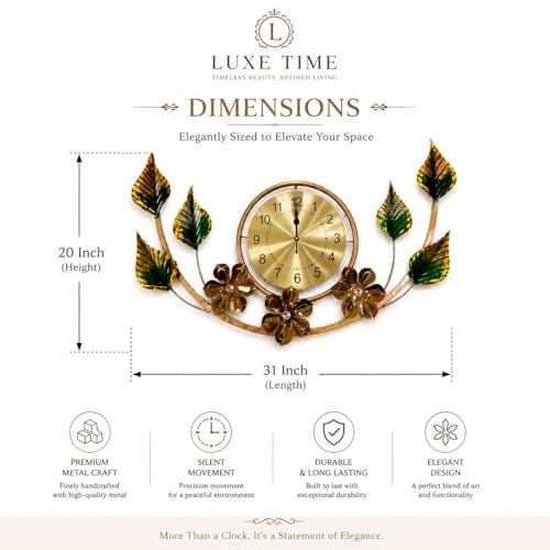 Image of SHREE 'O' GREEN TECH - Large Metal Wall Clock with Golden Leaf Floral Design, Modern Luxury Wall Art for Living Room, Bedroom, Office and Hotel Interior Decoration, 31 x 20 Inch