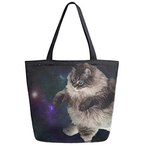 Outer Space Magic Cat Extra Large Canvas Shoulder Tote Storage Top Handle Bag for School Gym Weekender Beach Travel Reusable Gro