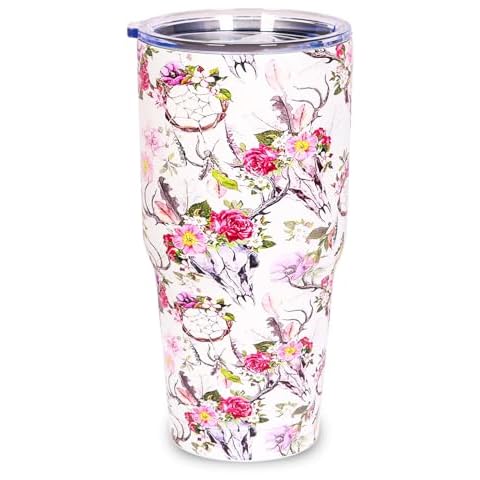 JIU HONG CHAO 30oz Floral Tumblers with Lid Stainless Steel Large Travel Mugs Vacuum Sealed Double Wall Insulation Beverage Cup Gifts for Women(Bullskull flower) Cover