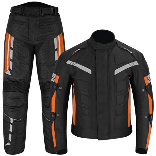 Vaster Moto Combinaison de moto pour homme, veste et pantalon de moto imperméables, pantalon certifié CE, armure amovible en Cordura blindée, orange, M