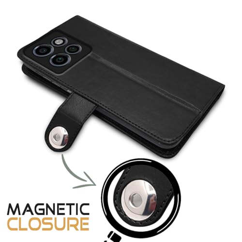 Image of Pikkme Flip Cover Leather Finish | Inside TPU with Card Pockets | Wallet Stand and Shock Proof | Complete Protection Button Flip Case for Moto Edge 50 Neo 5G (Black)
