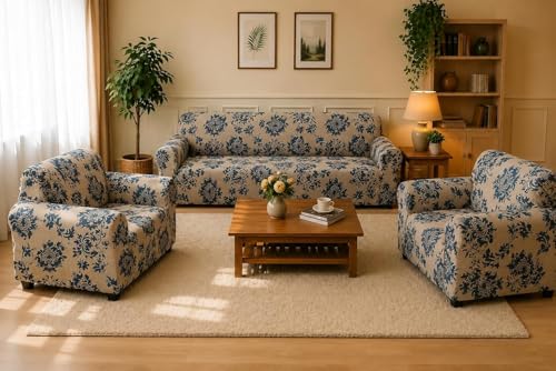 Image of Gifts Island Sofa Cover 3 Seater and 2 Seater Fully Covered Universal 5 Seater Sofa Cover Non-Slip Sticky Elastic Stretchable Sofa Set Slipcover Protector for (3+1+1 Seater), Beige Damask