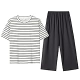 MIVY Schlafanzüge Für Damen,Damen-Pyjama-Sets, 2-Teilig, Baumwolle, Weiße Streifen, Rundhalsausschnitt, Nachtwäsche, Weich, Locker, Kurzärmlig, Oberteile Und Caprihosen, Pjs-Set, Lässige Loungewear
