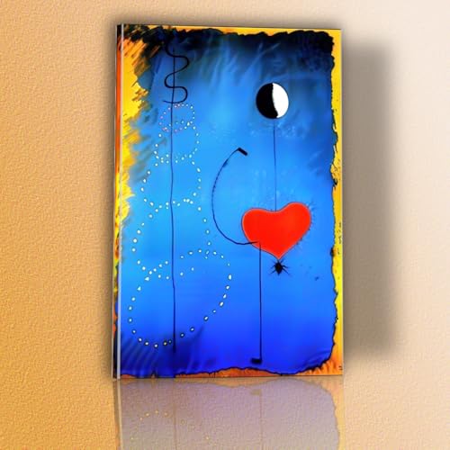 Lienzo abstracto surrealista con corazón y luna, impresión moderna en azul y rojo para sala de estar y dormitorio, póster de decoración del hogar en alta definición (20 x 30 cm/marco interior).
