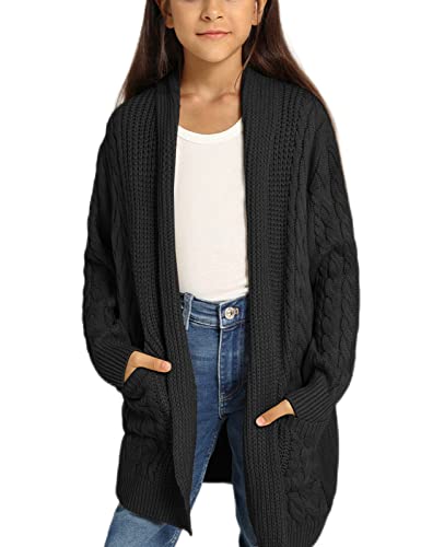 Girl Cardigan Cable Knit Front Open Sweater Long Cardigan For Girls Size 12-14 Black #TOP21