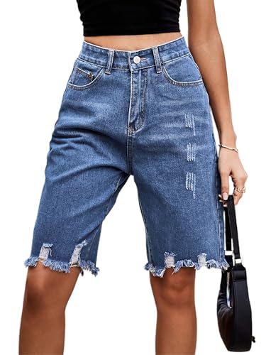 Amazon.com: ZGJAYIWA Women Man Raw Ripped Bermuda Jeans High