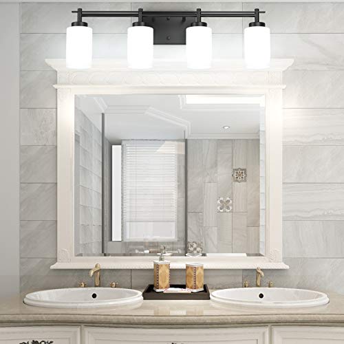 Image of Aipsun Vintage Bathroom Vanity Light Black Bathroom Light Fixtures 4 Lights Milky White Glass Shade Industrial Wall Light (Exclude Bulb)
