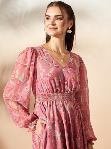 Image of Miss Chase Women's Multicolored-Base-Brown Relaxed Fit Maxi Lurex Chiffon Dress