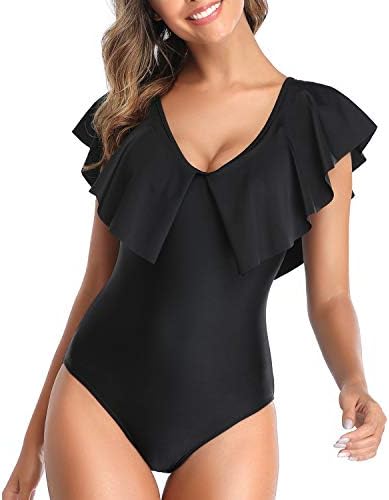 Tempt Me Women Black Ruffle One Piece Swimsuit Flounce Sleeve V Neck Tummy Control Bathing Suit for Teen Girls L