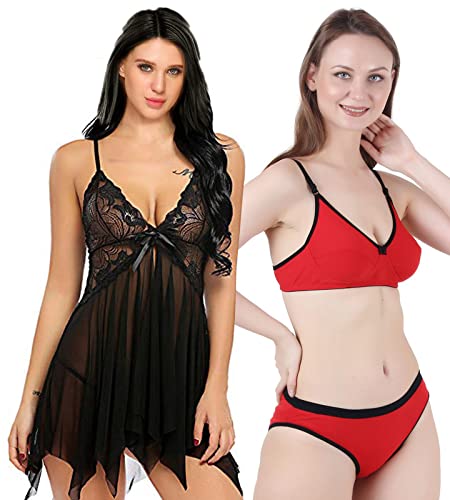 Image of Love Maker Babydoll Lingerie Bra Panty Set Undergarments for Women Honeymoon Nighties Small to 3XL