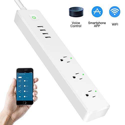 WiFi Power Strip Smart Surge Protector Compatible with Alexa/Google Home 3 AC Wireless Outlets (90-264V/15A) APP Individually Remote Control Smart Plug with Long Extension Cord No Hub Required Timer