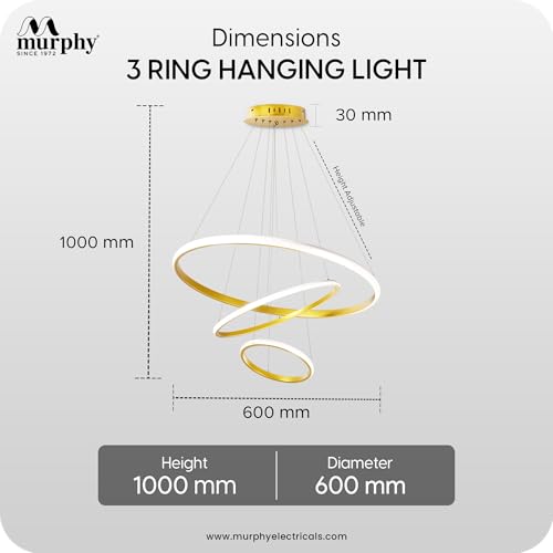Image of Murphy 3 Ring Modern LED Chandelier Ceiling Lamp | Gold Finish Pendant Light with 3 Color Modes (Cool White, Warm White, Natural White) for Living Room, Hall, Dining, Lobby - Pack of 1