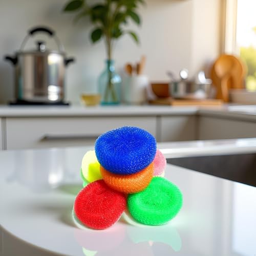 Image of 6Pcs Random Color Plastic Cleaning Ball Dish Cleaner Brush,Non Scratch Round Dish Scrubbers,Nylon Scouring Pads,Mesh Scourers Poly Mesh Scouring Dish Pads Cleaning Supplies for Dishes,Dishwashing