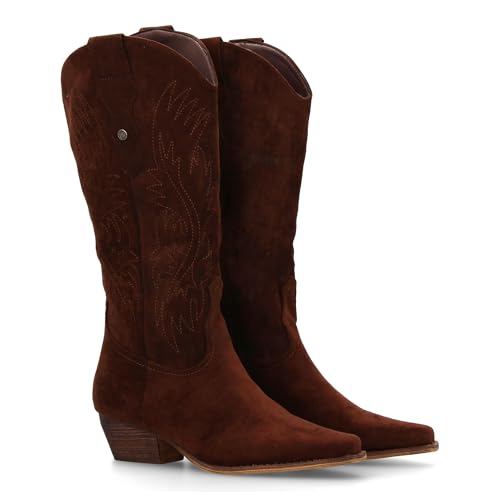 95200 Botin campero con Grabado en la Cana, Tacon cuadrdo bajo, Cierre de Cremallera. Coleccion Otono Invierno 2023 Cafe Talla 37