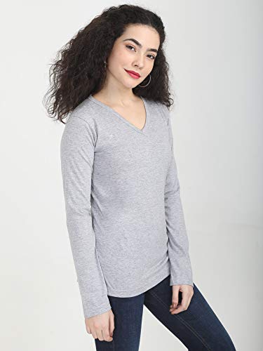 Image of FLEXIMAA Women's Cotton Plain V Neck Full Sleeve T-Shirt