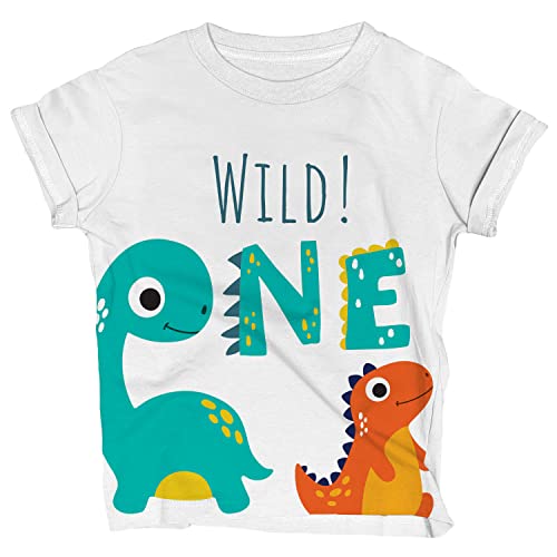 Wild One Dinosaur First Birthday Boy T-Shirt – 1 Year Old Baby Jungle Party Tee 1st Outfit for Boys 12M WH SS