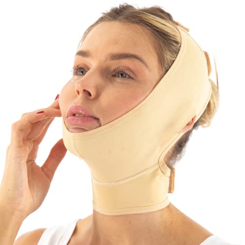 Post Surgery Neck and Chin Compression Garment Wrap Bandage, Face Slimmer, Jowl Tightening, Neck Coverage, Chin Lifting Strap (Beige, M)