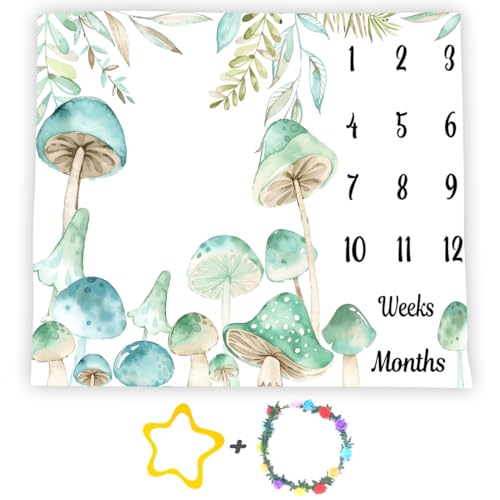 Image of Mushroom Theme Baby Monthly Milestone Blanket, Soft Flannel Watercolor Spring Tropical Eucalyptus Leaves Botanical Photography Prop Newborn Baby Shower Age Growth Tracker (Green, 60x40in)