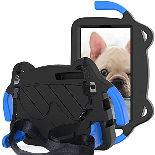ESSTORE Kids Case for Samsung Galaxy Tab A7 Lite 8.7" 2021 (SM-T220/T225/T227), Shockproof Case with Screen Protector/Shoulder Strap/Handle/Stand Cute Cover, Black/Blue