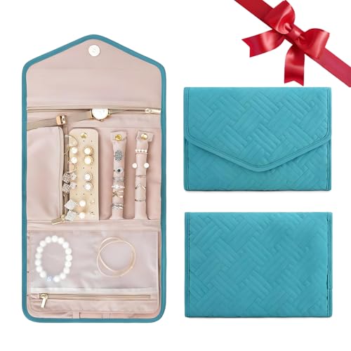 Travel Jewellery Roll, Portable Jewelry Storage Organiser For Necklace Earrings Bracelets Gift For Travellers Women(Lake Blue)